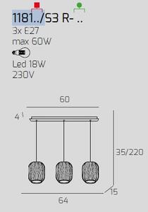 Sospensione ottone sat. 3 luci rettangolare vetri am + ve + bl 1181