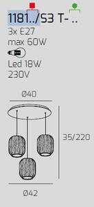 Sospensione bianco 3 luci tonda vetri tr + 2x bf 1181bi-s3 t-bt