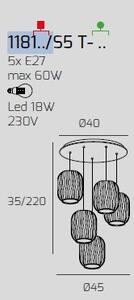 Sospensione bianco 5 luci tonda vetri blu 1181bi-s5 t-bl