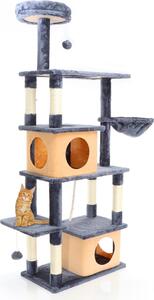 Tiragraffi Fudajo in grigio scuro alto 161 cm, tiragraffi per gatti con 2 casette per gatti, albero per gatti con mangiatoia e piattaforme, mobili per gatti con palline da gioco