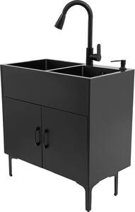 Mobile lavabo con doppio lavabo - Indipendente - Rubinetto estraibile - Tubi di scarico a V - Scolapiatti - Acciaio inox 201 e legno massello - Nero