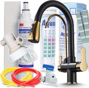 Miscelatore da cucina Ari Nordic a 3 vie, nero e oro, estraibile, con filtro per acqua potabile 3M AP2-C405-SG e sistema di filtrazione sottobanco