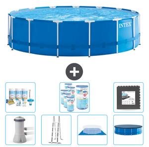 Piscina Intex con struttura rotonda - 457 x 122 cm - blu - compresa pompa - scala - telo di fondo - confezione di manutenzione della copertura - filtro - piastrelle per il pavimento