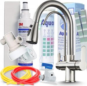 Miscelatore da cucina Ari Nordic a 3 vie in acciaio inossidabile spazzolato con filtro per acqua potabile 3M AP2-C405-SG e sistema di filtrazione sottobanco