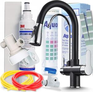 Miscelatore da cucina Ari Nordic a 3 vie, nero cromato, estraibile, con filtro per acqua potabile 3M AP2-C405-SG e sistema di filtrazione sottobanco