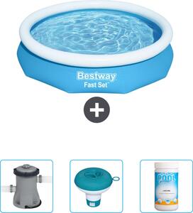 Bestway piscina gonfiabile rotonda a presa rapida - 305 x 66 cm - blu - pompa inclusa - galleggiante per cloro - cloro