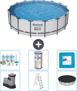 Piscina Bestway Round Steel Pro MAX - 488 x 122 cm - grigio - inclusa pompa - scala - pacchetto manutenzione copertura - filtro - piastrelle per il pavimento