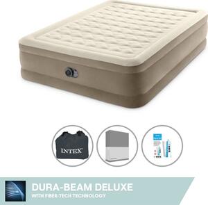 Letto gonfiabile Intex - 2 persone - 152 x 203 x 46 cm - Beige - Con pompa incorporata + lenzuola antracite + set di riparazione