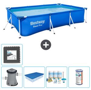 Piscina Bestway Pro rettangolare in acciaio - 300 x 201 x 66 cm - blu - inclusa copertura della pompa - pacchetto manutenzione - filtro - piastrelle per il pavimento