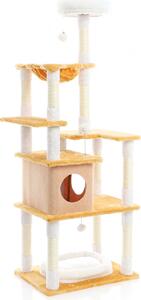 Tiragraffi Fudajo in bianco/marrone alto 164 cm, tiragraffi per gatti con casetta per gatti e abbeveratoio, albero per gatti con sisal, peluche e palline da gioco
