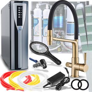 Miscelatore da cucina Ari Flexible a 3 vie, finitura oro spazzolato, estraibile a 360°, con filtro per acqua a osmosi inversa RO Pad e sistema di nanofiltrazione da incasso