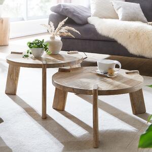 FineBuy set di 2 tavolini in legno massiccio di mango rotondi naturali - Tavolino da salotto di design giapponese - Tavolini fatti a mano in vero legno