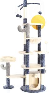 Tiragraffi Fudajo in design cactus grigio scuro 172 cm, tiragraffi per gatti con casetta e abbeveratoio, albero per gatti con sisal, mobili per gatti con palline da gioco