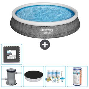 Bestway piscina gonfiabile rotonda ad ambientazione rapida - stampa rattan - 396 x 84 cm - inclusa copertura della pompa - pacchetto manutenzione - filtro - piastrelle per il pavimento