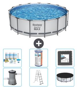 Piscina Bestway Round Steel Pro MAX - 457 x 122 cm - grigio - inclusa pompa - scala - pacchetto manutenzione copertura - filtro - piastrelle per il pavimento
