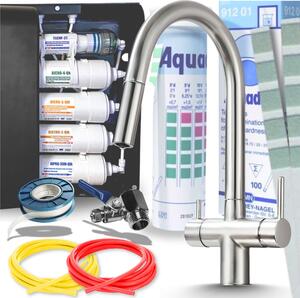 Rubinetto da cucina a 3 vie estraibile con valvola in Vetroceramica, INOX, filtro a 5 stadi