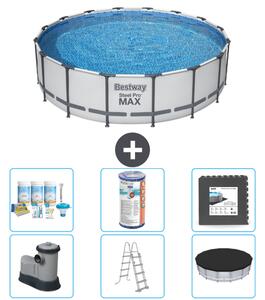 Piscina Bestway Round Steel Pro MAX - 488 x 122 cm - grigio - inclusa pompa - scala - pacchetto manutenzione copertura - filtro - piastrelle per il pavimento