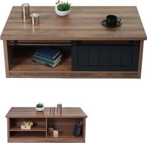 Tavolino da salotto MCW-K75, tavolino da salotto, ante scorrevoli, 6 vani portaoggetti, metallo effetto legno, 44x120x60 cm ~ marrone