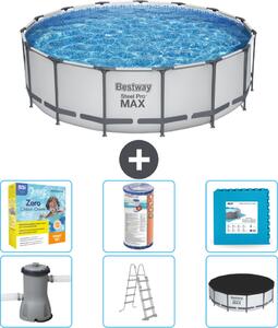 Piscina Bestway Round Steel Pro MAX - 457 x 122 cm - grigio - inclusa pompa - scala - pacchetto manutenzione copertura - filtro - piastrelle per il pavimento