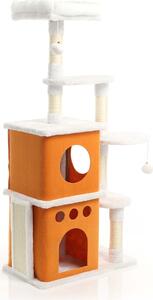 Tiragraffi Fudajo in bianco/marrone alto 125 cm, tiragraffi per gatti con 2 casette per gatti e aree per sdraiarsi, albero per gatti con sisal, peluche e palline da gioco