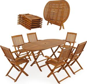 CASARIA® Set 1 Tavolo 6 Sedie da Giardino 160x85 cm in Legno di Acacia Pieghevole Salvaspazio con Foro Ombrellone 7 Pezzi Balcone Terrazza Mobili da Esterno