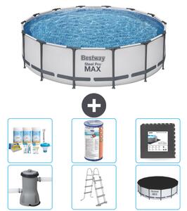Piscina Bestway Round Steel Pro MAX - 427 x 107 cm - grigio - inclusa pompa - scala - pacchetto manutenzione copertura - filtro - piastrelle per il pavimento