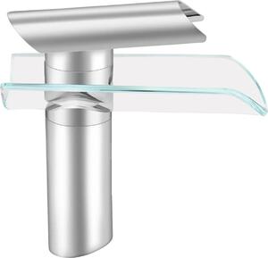 Rubinetto a cascata con vetro - Miscelatore per lavabo - Miscelatore monocomando - Bocca a cascata in vetro - Acciaio inox e ottone - Design moderno - Argento