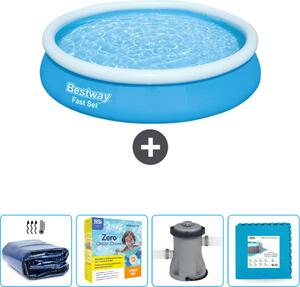 Piscina gonfiabile rotonda Bestway ad ambientazione rapida - 366 x 76 cm - blu - include tenda da sole - pacchetto manutenzione - pompa - pavimento in piastrelle