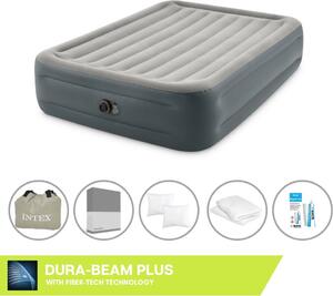 Letto ad aria Intex - 2 persone - 152 x 203 x 46 cm - Grigio - Con pompa incorporata + lenzuola antracite + cuscino + federe Molton 2 in 1 + set di riparazione