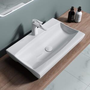 Doporro Lavabo da Appoggio in Vetroceramica Bianco Lucido, Lavandino Bagno Moderno con Foro Rubinetto e Rivestimento Nano 62,5x39,5x12 cm Br¹ssel890