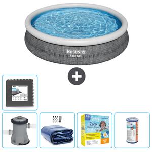 Piscina gonfiabile rotonda Bestway a presa rapida - stampa rattan - 366 x 76 cm - pompa inclusa - tenda da sole - pacchetto manutenzione - filtro - piastrelle per il pavimento