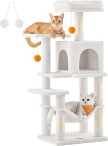 Tiragraffi Feandrea per gatti, altezza 112 cm, torre gioco, con 4 tiragraffi, 2 piattaforme, 1 nicchia, 1 amaca, 2 pompon, tessuto felpato, a più livelli