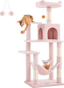 Tiragraffi Feandrea per gatti, altezza 143 cm, torre gioco, con 4 tiragraffi, 2 piattaforme, 1 nicchia, 1 amaca, 2 pompon, in tessuto felpato