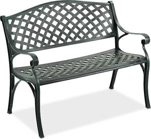 Panchina da giardino Relaxdays, a 2 posti, A x L x P: 82 x 102 x 60 cm, fusione di alluminio, panchina in stile antico, terrazza, balcone, nero/verde