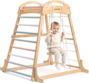 Set da arrampicata Montessori in legno per la casa - parco giochi interno con altalena, anelli ginnici e rete da arrampicata | Mamabrum