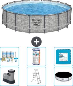 Piscina Bestway Round Steel Pro MAX - stampa su pietra - 549 x 122 - inclusa pompa - scala - pacchetto di manutenzione della copertura - filtro - pavimento in piastrelle