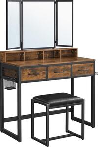 VASAGLE Tavolo da toilette Tavolo da toilette con specchio pieghevole a 3 pezzi, porta asciugacapelli, tavolo da toilette con sgabello imbottito, 3 cassetti, vintage marrone-nero