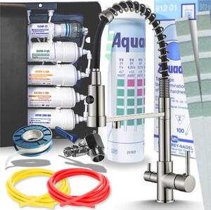 Miscelatore da cucina Ari Solid Spring a 3 vie INOX flessibile con sistema di filtraggio dell'acqua a 5 stadi e filtro per acqua potabile da incasso