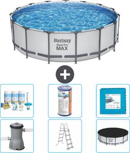 Piscina Bestway Round Steel Pro MAX - 457 x 122 cm - grigio - inclusa pompa - scala - pacchetto manutenzione copertura - filtro - piastrelle per il pavimento