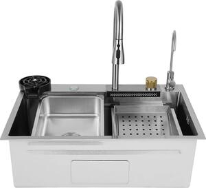 Lavello da cucina in acciaio inossidabile 304 - Lavello a una vasca - Con rubinetto - Doccetta estraibile a 4 getti - Isolamento acustico - Argento