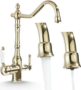 Rubinetto da cucina retrò a 3 vie con attacco per filtro dell'acqua, bocca fissa, orientabile a 360°, bocca singola, cartuccia in Vetroceramica dorata