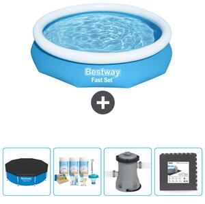 Bestway piscina gonfiabile rotonda ad ambientazione rapida - 305 x 66 cm - blu - include copertura - pacchetto manutenzione - pompa - piastrelle per il pavimento