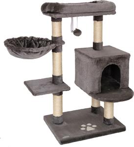 Tiragraffi lionto 93 cm con grotta, abbeveratoio, palla da gioco e paletti in sisal, albero per gatti compatto, grigio scuro