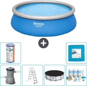 Piscina gonfiabile rotonda Bestway ad ambientazione rapida - 457 x 122 cm - blu - pompa inclusa - copertura a scaletta - pacchetto manutenzione - filtro - piastrelle per il pavimento