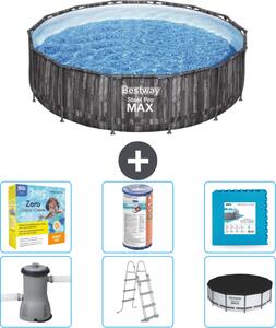 Piscina Bestway Round Steel Pro MAX - stampa legno - 427 x 107 cm - inclusa pompa - scala - pacchetto manutenzione copertura - filtro - piastrelle pavimento