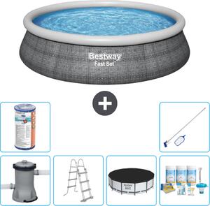 Piscina gonfiabile rotonda Bestway ad ambientazione rapida - stampa rattan - 457 x 107 cm - inclusa pompa - copertura a scaletta - pacchetto manutenzione - filtro - kit pulizia
