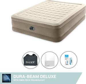 Letto gonfiabile Intex - 2 persone - 152 x 203 x 46 cm - Beige - Con pompa incorporata + lenzuola bianche + set di riparazione