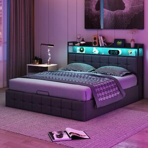 Letto imbottito Fortuna Lai 140x200cm con USB e prese di corrente, letto per ragazzi letto matrimoniale con rete a doghe e contenitore, letto contenitore con LED, lino, nero
