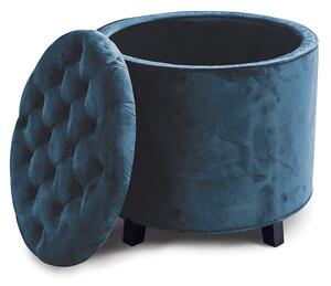 Pouf contenitore da interno multiuso in tessuto effetto velluto e legno Ø55 cm - Blu