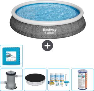 Bestway piscina gonfiabile rotonda ad ambientazione rapida - stampa rattan - 396 x 84 cm - inclusa copertura della pompa - pacchetto manutenzione - filtro - piastrelle per il pavimento